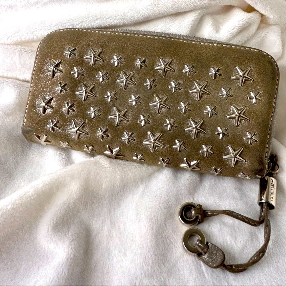 Jimmy Choo Metallic Gold Star-Studded Zip Wallet